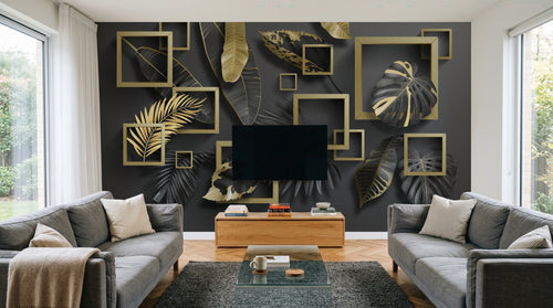 Design SL0154 — Papier peint Cadres dores feuilles tropicales noir or — Novomur