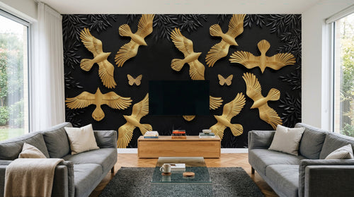 Design SL0194 — Papier peint Oiseaux dores relief fond noir feuillage — Novomur