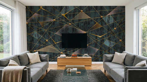 Design SL0234 — Papier peint Triangles dores perles fond bleu grunge — Novomur
