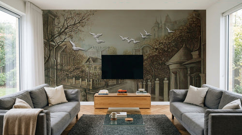 Design SL0292 — Papier peint Rue europeenne vintage pigeons brume — Novomur