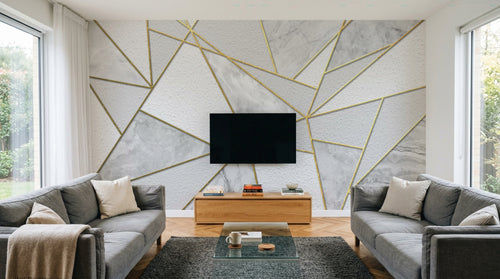 Design SL0293 — Papier peint Marbre triangles dores fond blanc luxe — Novomur