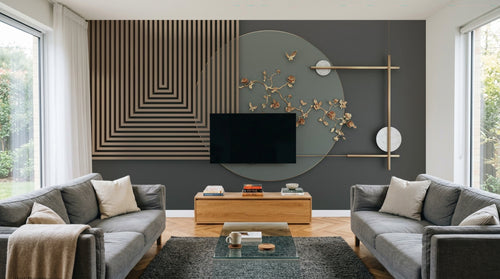 Design SL0516 — Papier peint Rectangles cercles dores papillons fond gris — Novomur