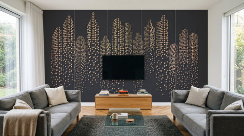 Design SL0611 — Papier peint Gratte-ciel fenetres dorees fond gris fonce — Novomur