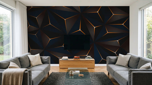 Design SL0638 — Papier peint Triangles 3D bleu marine lignes cuivre — Novomur