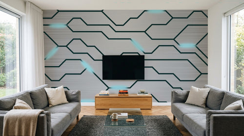Design SL0640 — Papier peint Circuit imprime electronique cyan argent — Novomur