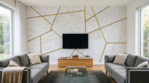Design SL0699 — Papier peint Marbre blanc lignes dorees geometrique — Novomur