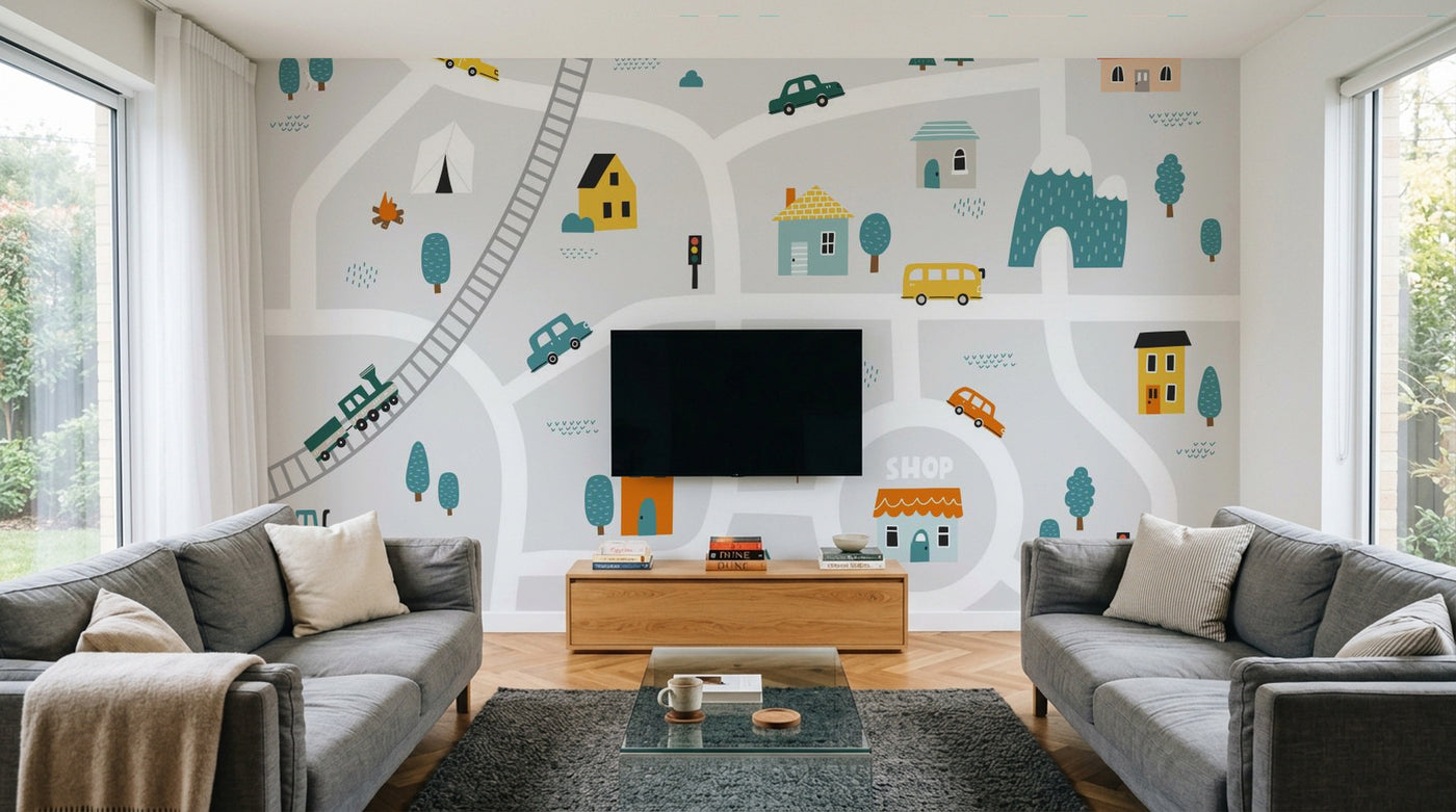Design SL0771 — Papier peint Carte ville stylisee voitures train enfant — Novomur