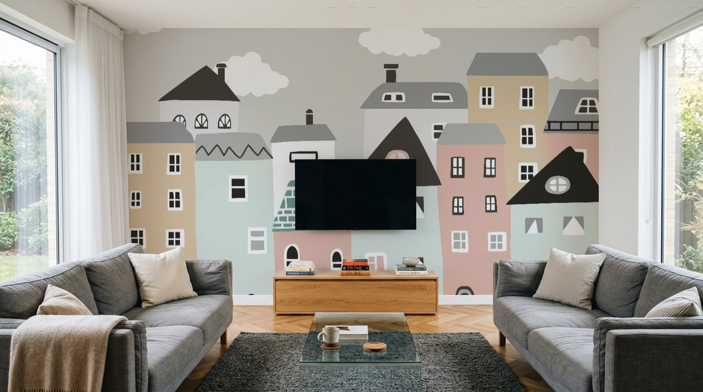 Design SL0775 — Papier peint Maisons stylisees pastel scandinave enfant — Novomur