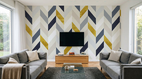 Design ZX0351 — Papier peint Chevron jaune bleu marine beige — Novomur