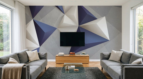 Design ZX0364 — Papier peint Pyramides 3D blanc bleu beton — Novomur