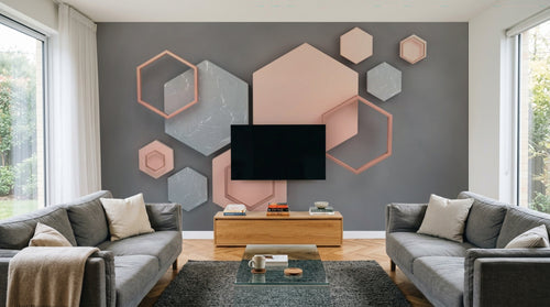 Design ZX0483 — Papier peint Hexagones 3D rose marbre fond gris — Novomur