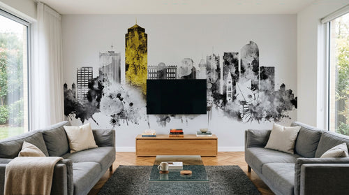 Design ZX0501 — Papier peint Skyline aquarelle eclaboussures noir jaune — Novomur
