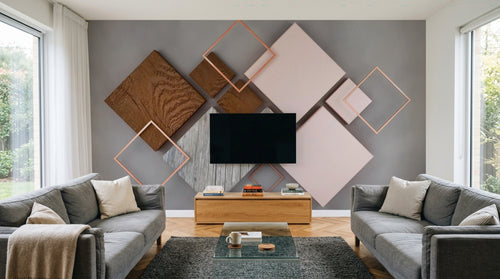 Design ZX0516 — Papier peint Carres bois marbre rose cuivre mid-century — Novomur