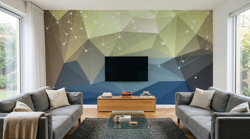 Design ZX0656 — Papier peint Polygones vert bleu constellation filante — Novomur