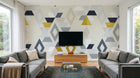 Design ZX0755 — Papier peint Triangles jaune bleu marine Memphis — Novomur
