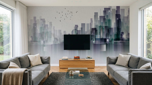 Design ZX0759 — Papier peint Skyline gratte-ciel reflet eau oiseaux — Novomur