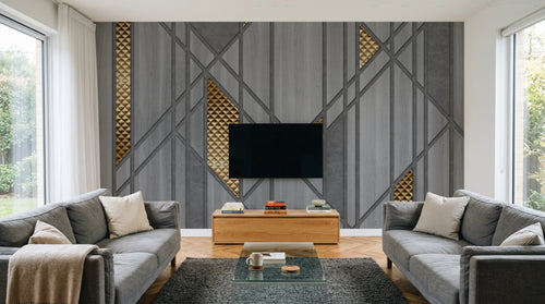 Design ZX0772 — Papier peint Triangles dores bois patterns beton luxe — Novomur