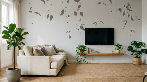 Papier peint Botanique Feuillage - Collection 2 D0994B en situation — Silhouettes feuilles grises éparses fond gris clair — Design D0994B