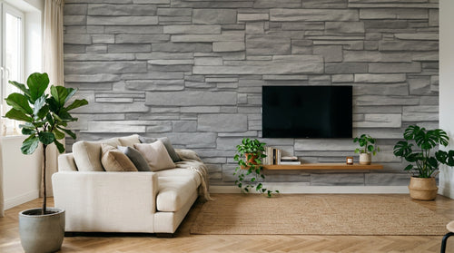 Papier peint Texture Pierre et Béton D0997B en situation — Mur pierres grises empilées horizontal — Design D0997B