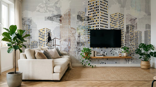 Design SL0022 — Papier peint Gratte-ciel street art jaune fond gris — Novomur