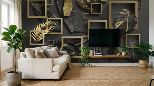 Design SL0154 — Papier peint Cadres dores feuilles tropicales noir or — Novomur