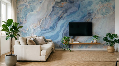 Design SL0192 — Papier peint Marbre bleu agate veines orange — Novomur
