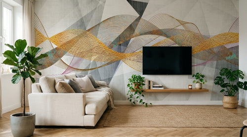 Design SL0230 — Papier peint Vagues dorees orange fond gris geometrique — Novomur