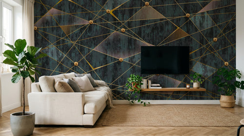Design SL0234 — Papier peint Triangles dores perles fond bleu grunge — Novomur