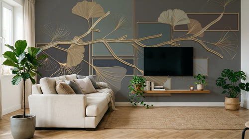 Design SL0276 — Papier peint Ginkgo dores cadres fond gris luxe — Novomur