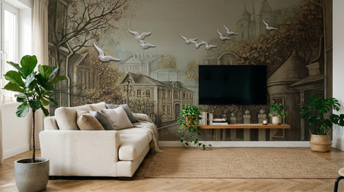 Design SL0292 — Papier peint Rue europeenne vintage pigeons brume — Novomur