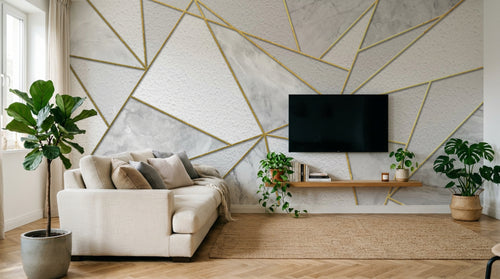 Design SL0293 — Papier peint Marbre triangles dores fond blanc luxe — Novomur