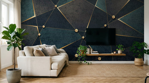 Design SL0353 — Papier peint Triangles dores perles fond bleu grunge — Novomur