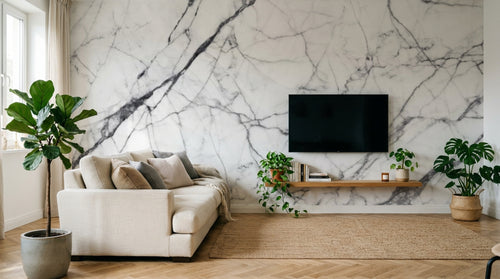 Design SL0394 — Papier peint Marbre Carrara blanc veines grises classique — Novomur