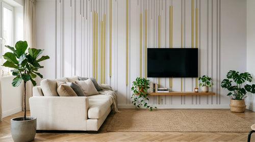 Design SL0577 — Papier peint Lignes verticales blanches dorees — Novomur