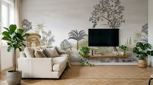 Design SL0595 — Papier peint Paysage pittoresque temple pavillon pastel — Novomur