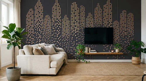 Design SL0611 — Papier peint Gratte-ciel fenetres dorees fond gris fonce — Novomur