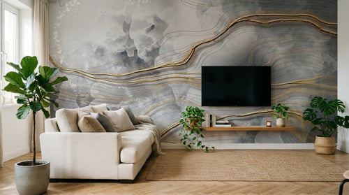 Design SL0614 — Papier peint Marbre liquide lignes dorees nuages gris — Novomur