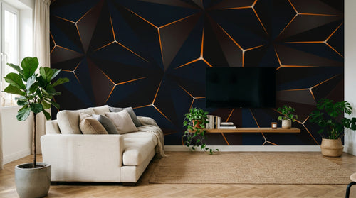 Design SL0638 — Papier peint Triangles 3D bleu marine lignes cuivre — Novomur