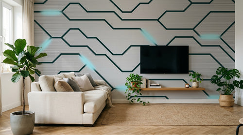 Design SL0640 — Papier peint Circuit imprime electronique cyan argent — Novomur