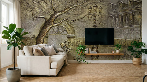 Design SL0658 — Papier peint Relief 3D arbre lampadaire ville beige — Novomur