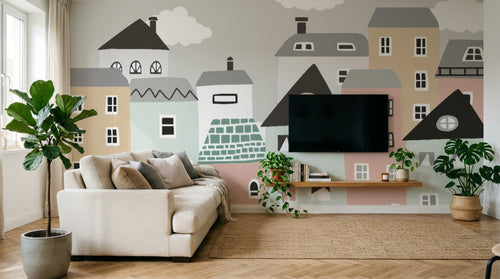 Design SL0775 — Papier peint Maisons stylisees pastel scandinave enfant — Novomur