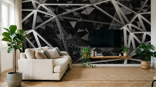 Design SL0857 — Papier peint Triangles 3D noir argent facettes — Novomur