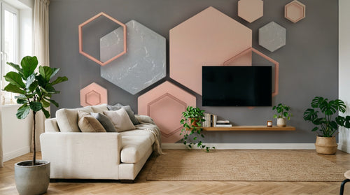 Design ZX0483 — Papier peint Hexagones 3D rose marbre fond gris — Novomur