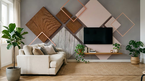 Design ZX0516 — Papier peint Carres bois marbre rose cuivre mid-century — Novomur
