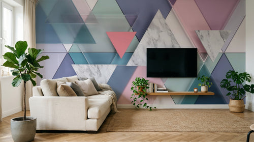 Design ZX0517 — Papier peint Triangles marbre rose bleu pastel — Novomur