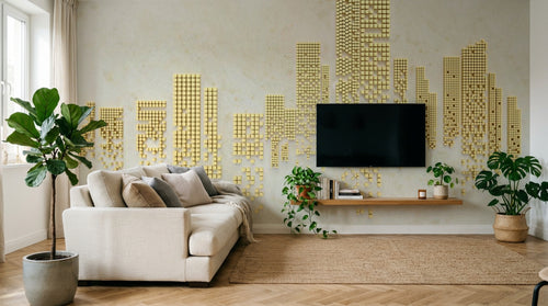 Design ZX0550 — Papier peint Skyline gratte-ciel dores mosaique luxe — Novomur