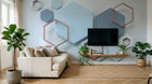 Design ZX0565 — Papier peint Hexagones bleu marbre cuivre fond blanc — Novomur