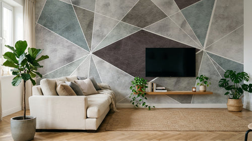 Design ZX0698 — Papier peint Triangles gris vert marron contour blanc — Novomur