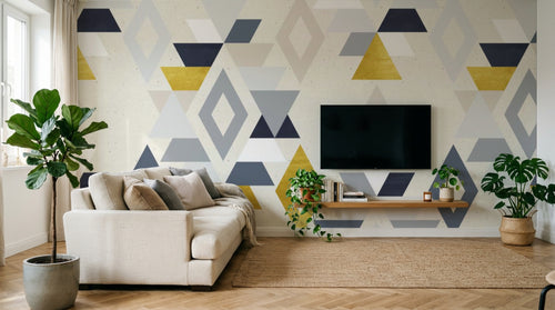 Design ZX0755 — Papier peint Triangles jaune bleu marine Memphis — Novomur