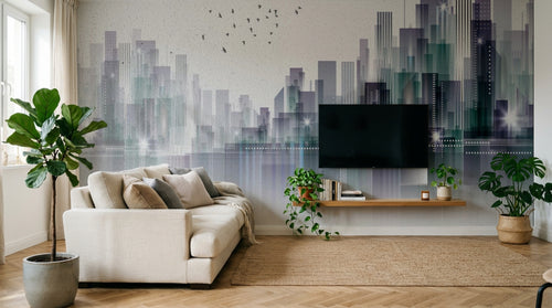 Design ZX0759 — Papier peint Skyline gratte-ciel reflet eau oiseaux — Novomur